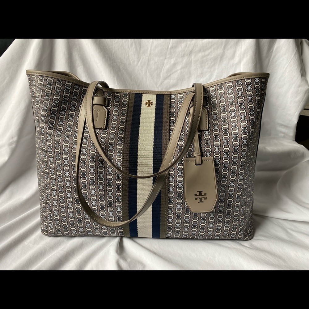 Tory Burch Gemini Link Canvas Tote Bag Heron Gray